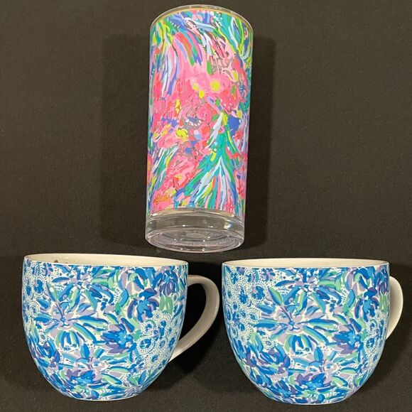 ~ Lilly Pulitzer 2 Blue Floral Hidden Lion Mugs Gold Handles+Pink Floral Tumbler - Picture 13 of 16